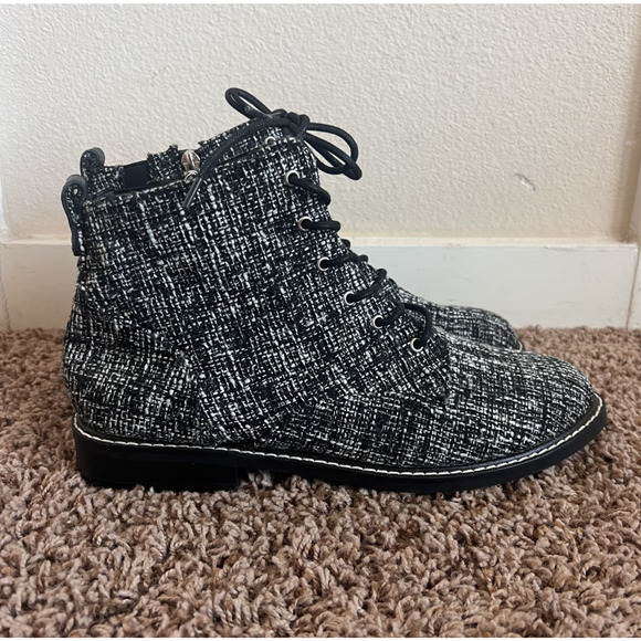 NYDJ Eileen Lace Up Boots Women's 11M Black Tweed Combat Ankle Booties Side Zip - Picture 8 of 10